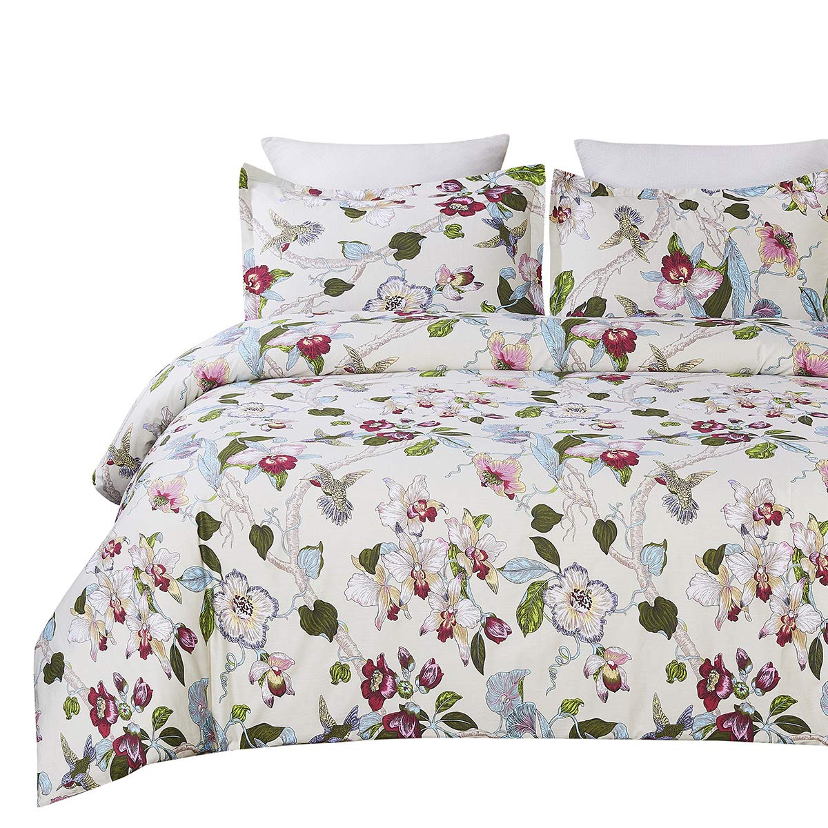 100 Cotton Duvet Cover Set, Vintage Flowers Birds Printed Pattern