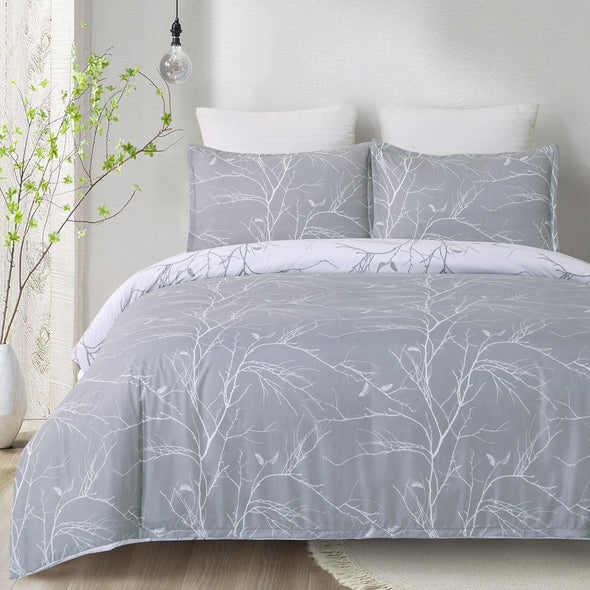 Soft Lightweight Microfiber Blossom Branches and Leaves Print Pattern Duvet Cover Set, Gray and White Reversible Design, 3-Piece Set