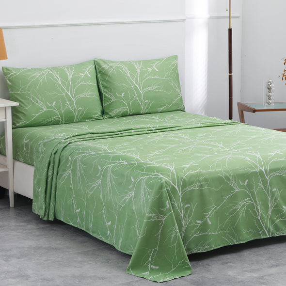 Soft Microfiber Blossom Branches and Leaves Print Pattern Sheet Sets, Green color 4-Piece Set