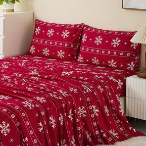 Soft Microfiber Bed Sheet Set, Print Christmas Theme Pattern, 4-Piece Set
