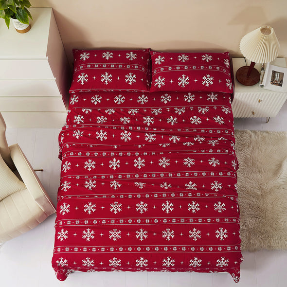 Soft Microfiber Bed Sheet Set, Print Christmas Theme Pattern, 4-Piece Set