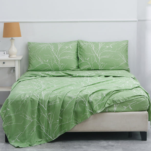 Soft Microfiber Blossom Branches and Leaves Print Pattern Sheet Sets, Green color 4-Piece Set