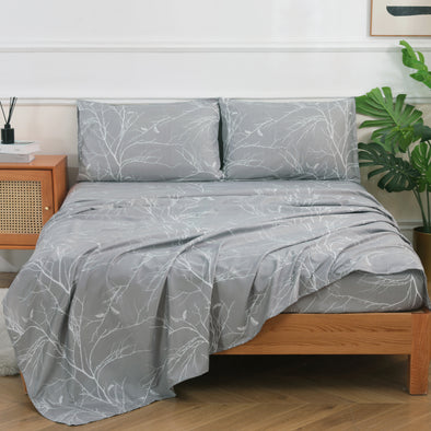 Soft Microfiber Blossom Branches and Leaves Print Pattern Sheet Sets, Grey Color 4-Piece Set