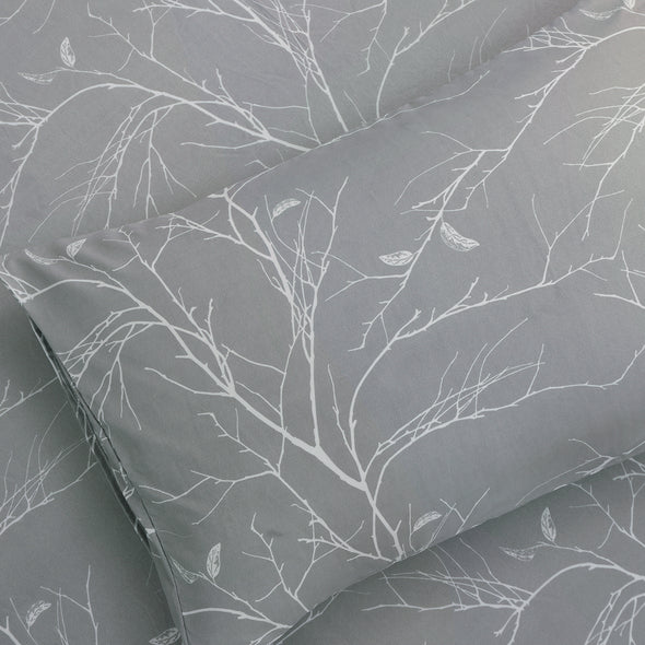 Soft Microfiber Blossom Branches and Leaves Print Pattern Sheet Sets, Grey Color 4-Piece Set