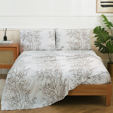 Microfiber Blossom Branches and Leaves Print Pattern Sheet Sets, White color 4-Piece Set