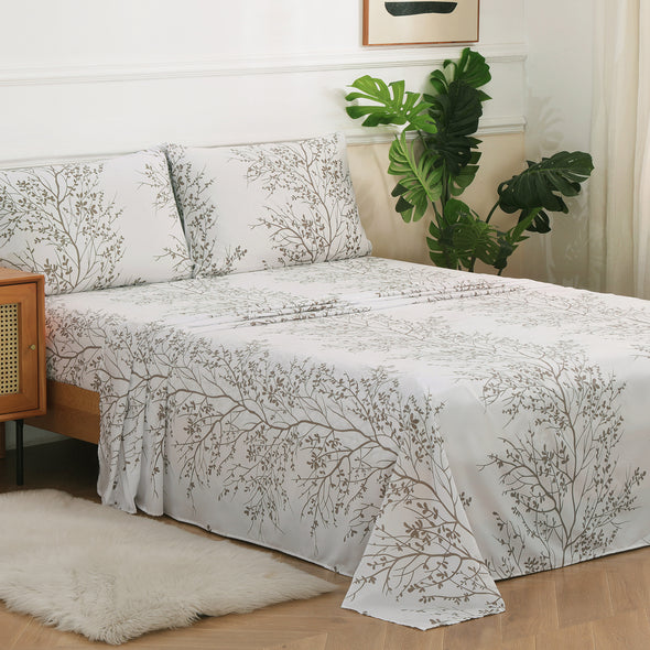 Microfiber Blossom Branches and Leaves Print Pattern Sheet Sets, White color 4-Piece Set