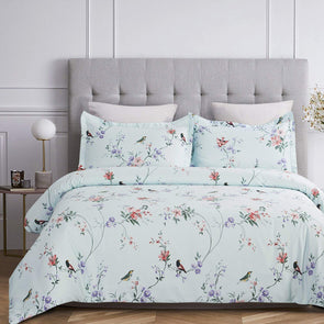 100-Percent Cotton Duvet Cover Sets Spa Blue Birds Pattern