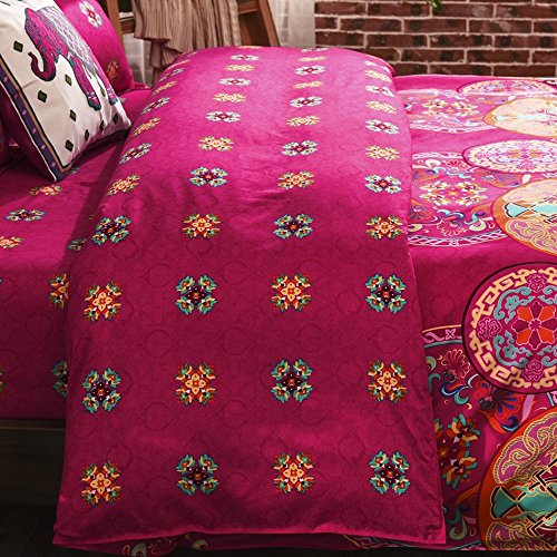 Vaulia Bohemia Exotic Patterns Design, Lightweight Microfiber Queen Size Duvet Cover Set, Bright Pink