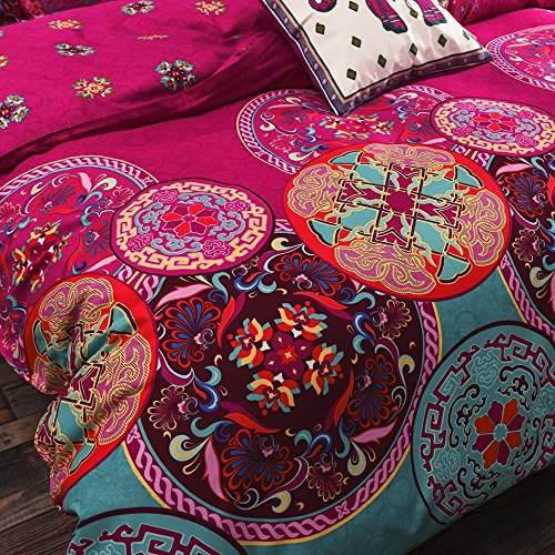 Vaulia Bohemia Exotic Patterns Design, Lightweight Microfiber Queen Size Duvet Cover Set, Bright Pink