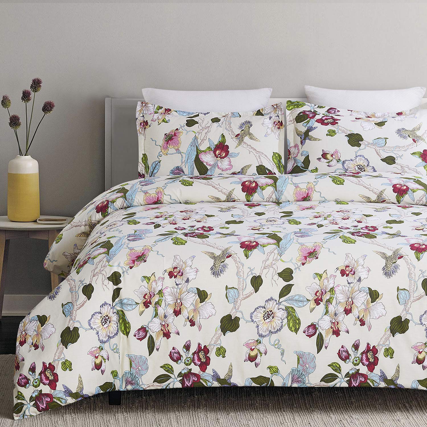 100 Cotton Duvet Cover Set, Vintage Flowers Birds Printed Pattern
