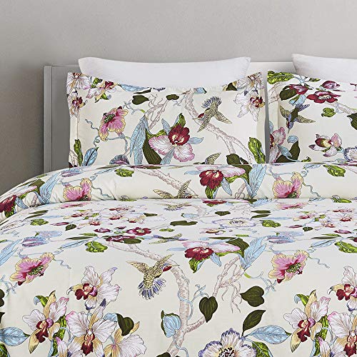 100% Cotton Duvet Cover Set, Vintage Flowers Birds Printed Pattern