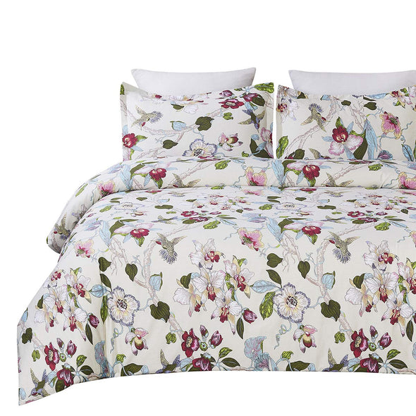 100% Cotton Duvet Cover Set, Vintage Flowers Birds Printed Pattern