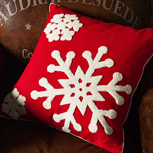 Vaulia Decorate Square Throw Pillow Cover, Snowflake Embroidery Pattern 100% Cotton, Red/White (18x18 in.)