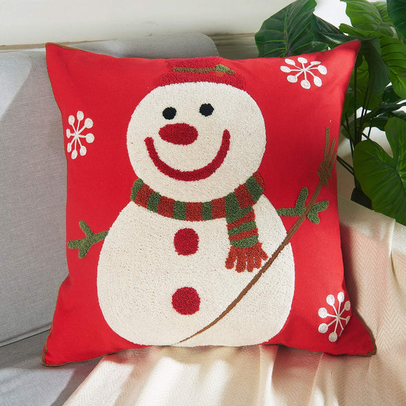 Vaulia Decorate Square Throw Pillow Cover, Snowman Embroidery Pattern 100% Cotton, Red/White (18x18 in.)