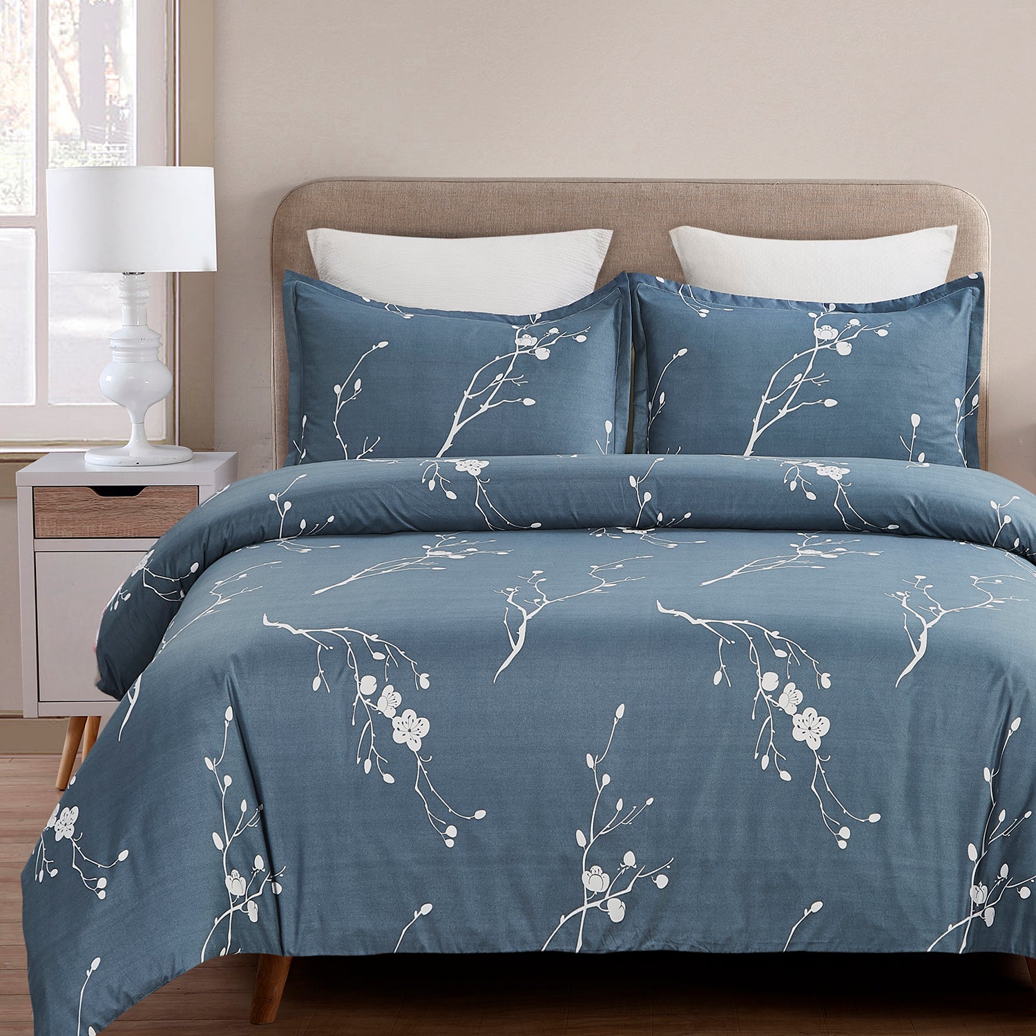 Microfiber Duvet Cover Set Print Flower Pattern Dark Blue BS232